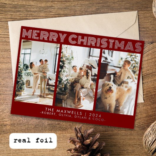 Moderne vrolijke kerst rode foto folie feestdagenkaart