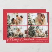 Moderne vrolijke kerst rode vier foto collage feestdagenkaart (Voorkant / Achterkant)