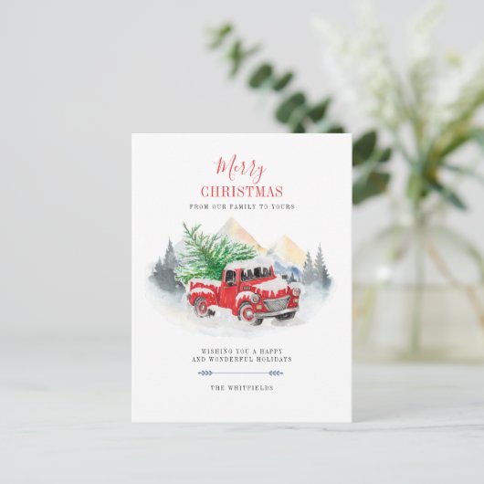 Moderne vrolijke kerst rode vrachtwagen familie feestdagenkaart (Staand voorkant)