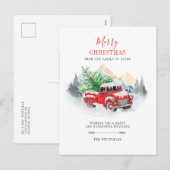 Moderne vrolijke kerst rode vrachtwagen familie feestdagenkaart (Voorkant / Achterkant)