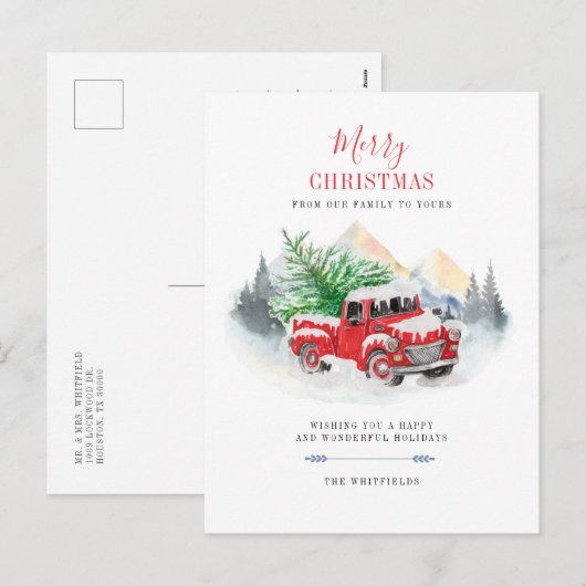 Moderne vrolijke kerst rode vrachtwagen familie feestdagenkaart (Voorkant / Achterkant)