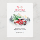 Moderne vrolijke kerst rode vrachtwagen familie feestdagenkaart (Voorkant)