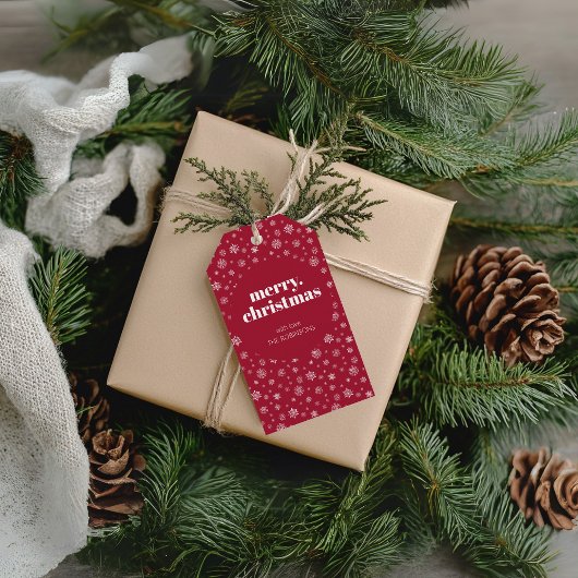Moderne Vrolijke Kerst Rood met Sneeuwvlok Patroon Cadeaulabel