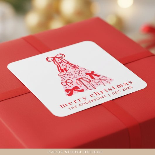 Moderne vrolijke kerst roze boog boom vierkante sticker