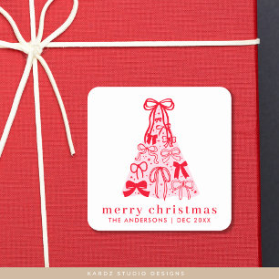 Moderne vrolijke kerst roze boog boom vierkante sticker