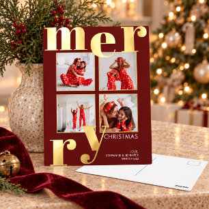 Moderne vrolijke kerst wijnrood fotocollage folie feestdagen briefkaart