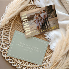 Moderne Vrolijke Kerst Zacht Groen Een Foto Goud Folie Feestdagenkaart