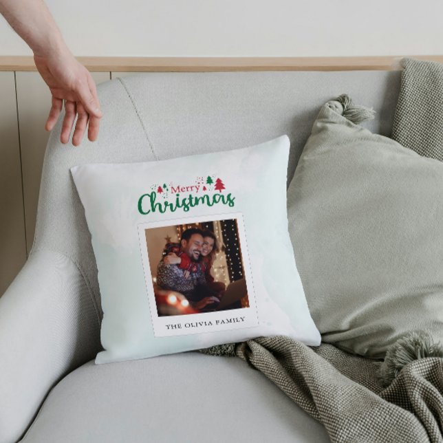 Moderne vrolijke kerstfoto gepersonaliseerd kussen (Modern Merry Christmas Photo Personalized Throw Pillow)