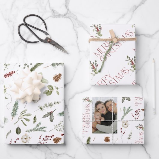 Moderne vrolijke kerstfoto groen vakantie inpakpapier vel (Voorkant)