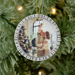 Moderne Vrolijke Kerstman Familie Foto Zwart Wit Keramisch Ornament