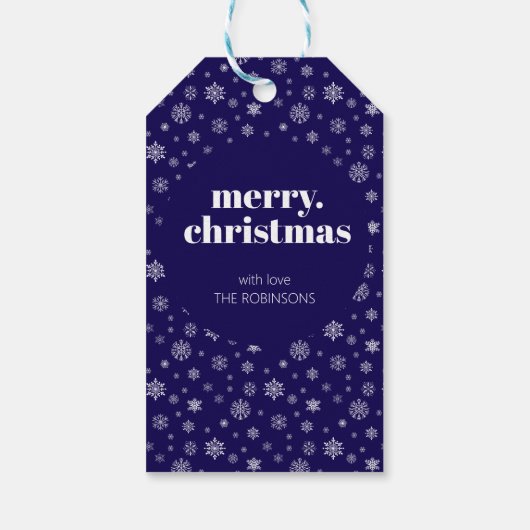 Moderne Vrolijke Kerstmis Marine Blauwe Sneeuwvlok Cadeaulabel (Achterkant)