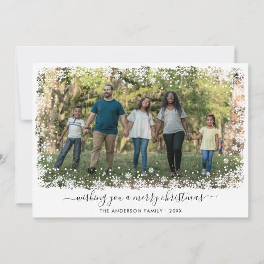 Moderne Vrolijke Kerstmis Sneeuwvlok Script Foto Feestdagenkaart (Voorkant)