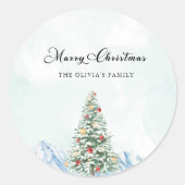 Moderne vrolijke kerstpijnboom ronde sticker (Voorkant)