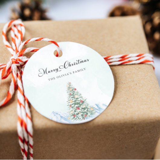 Moderne vrolijke kerstpijnboom ronde sticker