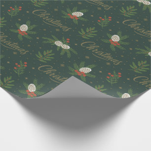 Moderne vrolijke kerstpinecones en rode bessen cadeaupapier