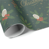 Moderne vrolijke kerstpinecones en rode bessen cadeaupapier (Rol Hoek)