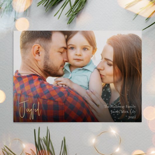 Moderne, vrolijke kerstscript, volledige foto Gold Folie Feestdagenkaart