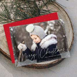 Moderne vrolijke kerstsneeuw bloeit rode foto feestdagenkaart