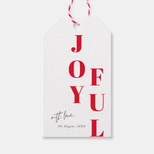 Moderne vrolijke kersttype rood en wit kerstfeest cadeaulabel (Voorkant)