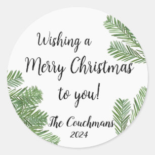 Moderne vrolijke kerstwensen van familie ronde sticker
