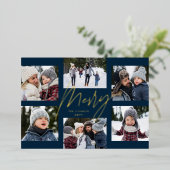 Moderne vrolijke marine goud 6 foto Kerstcollage Folie Feestdagenkaart (Staand Voorkant)
