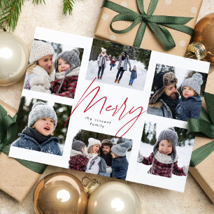 Moderne vrolijke rode script 6 foto Kerst collage Feestdagenkaart