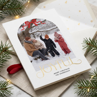 Moderne Vrolijke Rode Strik Familieboog Foto Kerst Folie Feestdagenkaart