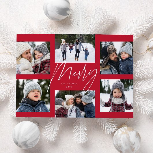 Moderne vrolijke script rode 6 foto Kerst collage Feestdagenkaart