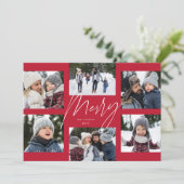 Moderne vrolijke script rode 6 foto Kerst collage Feestdagenkaart (Staand voorkant)