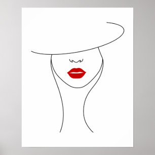 Moderne vrouw in Pet met rode lippenstift lijnkuns Poster