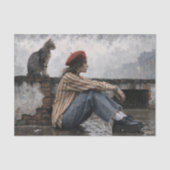 Moderne vrouw met baret en katdecoupage tissuepapier (Voorkant)