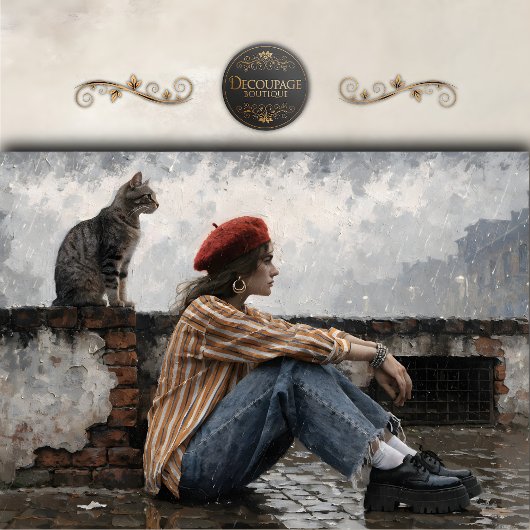 Moderne vrouw met baret en katdecoupage tissuepapier