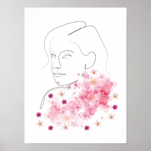Moderne vrouw met roze bloemen lijnkunst poster (Voorkant)