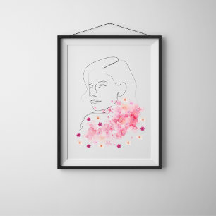 Moderne vrouw met roze bloemen lijnkunst poster