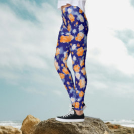 Moderne Vrouwelijke Blauwe En Oranje Bloemige Wate Leggings