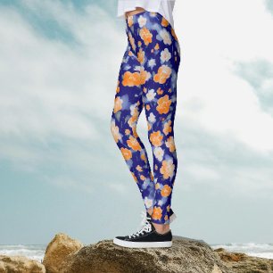 Moderne Vrouwelijke Blauwe En Oranje Bloemige Wate Leggings