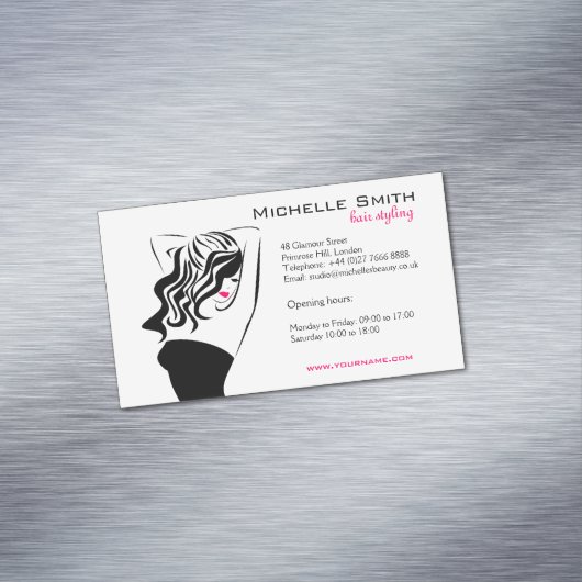 Moderne vrouwelijke zwarte en roze Trendy Hair Sal Visitekaartje Magneet (Voorbeeld)