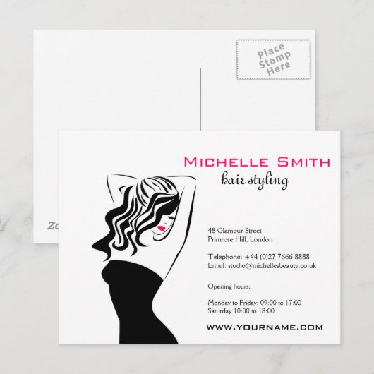 Moderne vrouwelijke zwarte en roze Trendy Kapsalon Briefkaart (Voorkant / Achterkant)