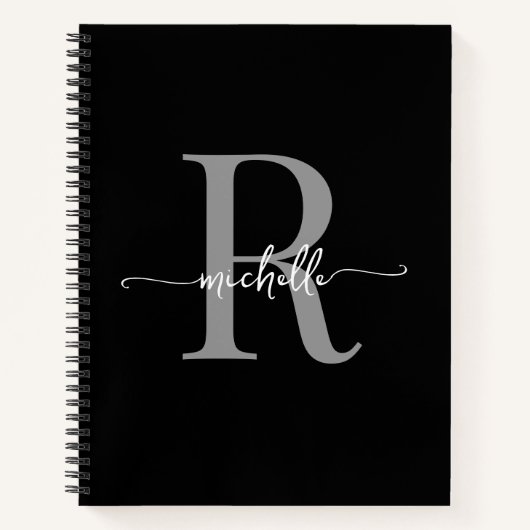 Moderne Vrouwelijke Zwarte Grijze Script Monogramn Notitieboek (Voorkant)