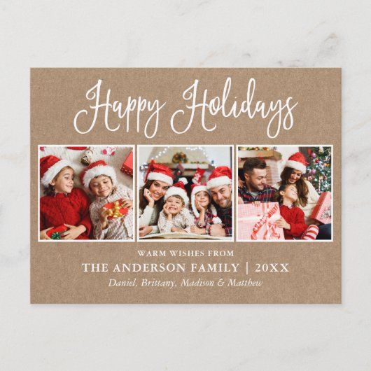 Moderne vun kalligrafie 3 Foto's Kraft Holiday Briefkaart (Voorkant)