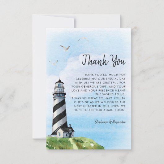 Moderne Vuurtoren Aquarel Scheepvaart Bruiloft Bedankkaart (Voorkant)