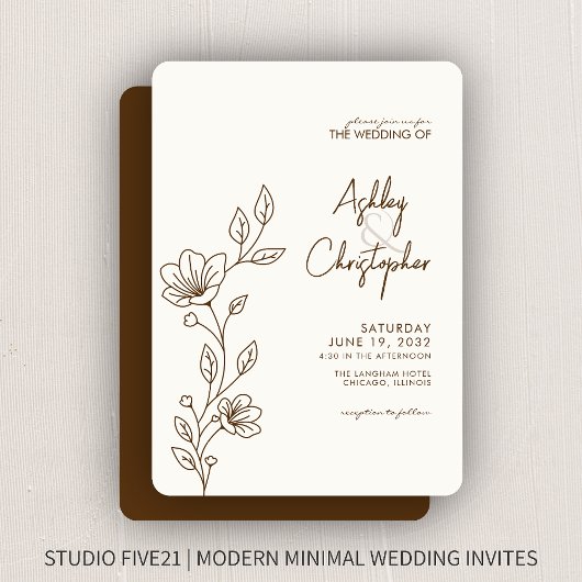 Moderne Walnoot Bruin Bladgroen Omtrek Bruiloft Kaart