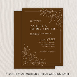 Moderne Walnoot Bruin Bladgroen Omtrek Bruiloft Kaart