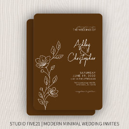 Moderne Walnoot Bruin Bladgroen Omtrek Bruiloft Kaart
