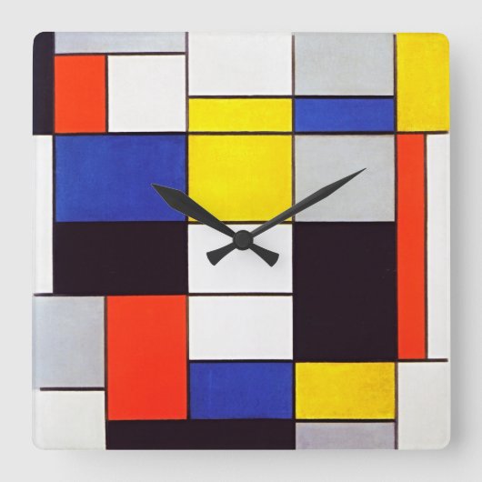 Moderne wandklok met compositie van Piet Mondriaan (Voorkant)