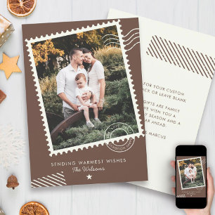 Moderne warme aardetoon familie foto cute stempel feestdagenkaart