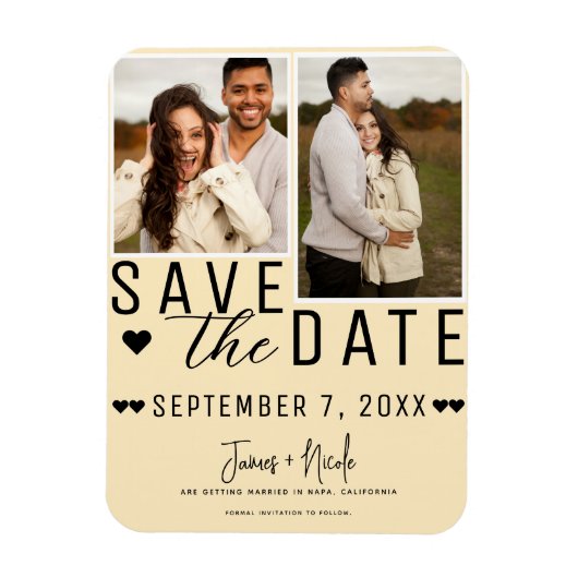Moderne warme custard save the date 2 foto bruilof magneet (Verticaal)