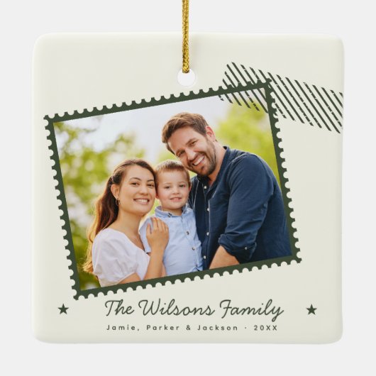 Moderne warme familie foto Schattigee postzegel va Keramisch Ornament (Achterkant)