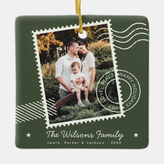 Moderne warme familie foto Schattigee postzegel va Keramisch Ornament (Voorkant)