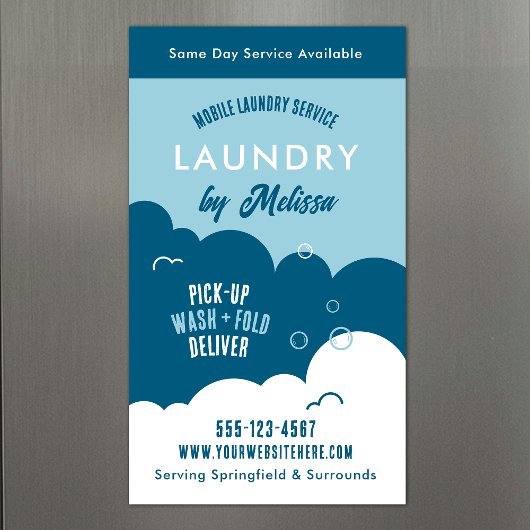 Moderne was- en strijkservice blauw & wit magneet